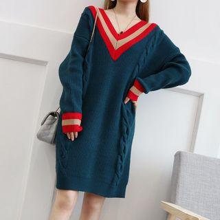 Striped V-neck Cable Knit Long Sleeve Dress