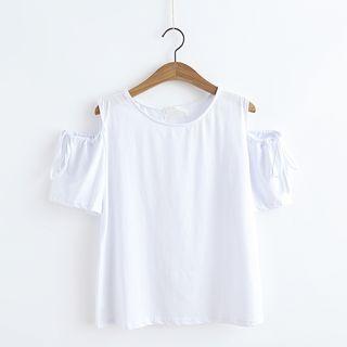 Plain Open Shoulder Short-sleeve Top