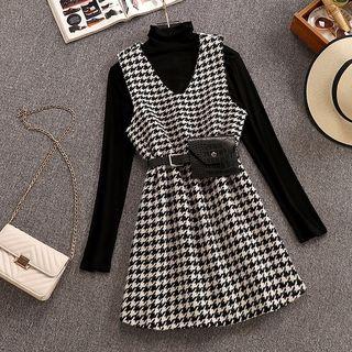 Set: Turtleneck Long-sleeve Top + Houndstooth Pinafore Dress