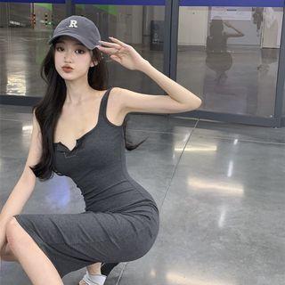 Sleeveless Slit Sheath Dress Dark Melange Gray - One Size