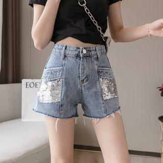 High-waist Sequined Denim Wide-leg Shorts