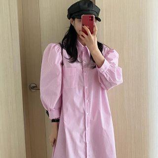 Lantern-sleeve Striped Long Shirtdress