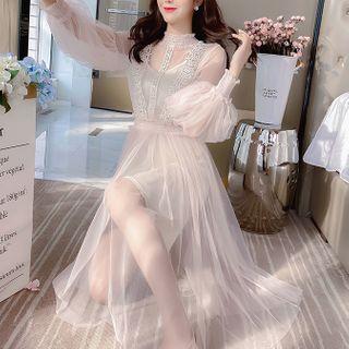Lace Trim Lantern-sleeve Midi A-line Mesh Dress