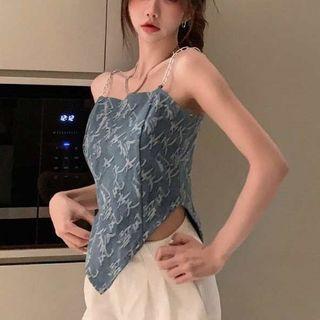 Chinese Character Print Denim Camisole Top Blue - One Size