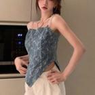 Chinese Character Print Denim Camisole Top Blue - One Size