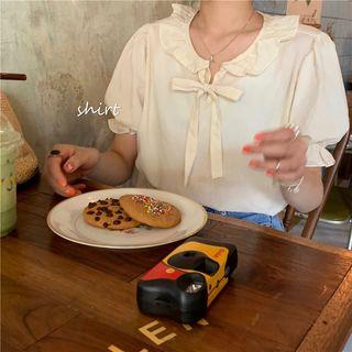 Short-sleeve Collared Blouse Shirt - Almond - One Size