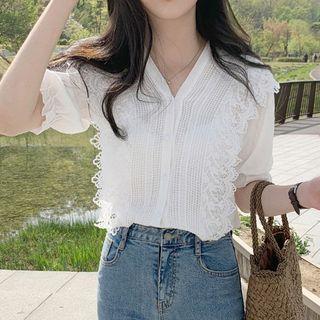 Crochet Lace Trim Elbow-sleeve Blouse