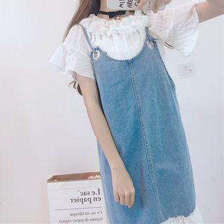 Ruffle Trim Short-sleeve Top / Mesh Panel Denim Pinafore Dress
