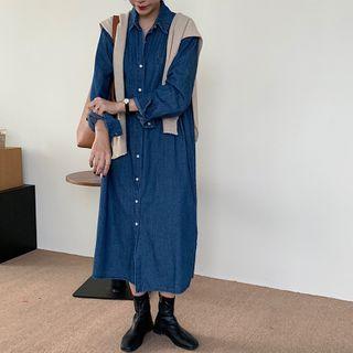 Denim Midi A-line Shirtdress With Knit Shawl Denim Blue - One Size