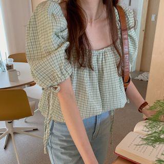 Puff-sleeve Square-neck Plaid Blouse Green - One Size