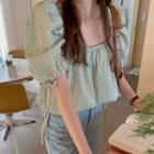 Puff-sleeve Square-neck Plaid Blouse Green - One Size