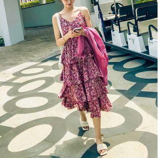 Spaghetti Strap Floral Layered Midi A-line Dress / Plain Long-sleeve Shirt
