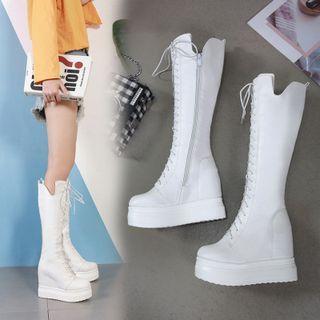 Hidden-wedge Lace Up Tall Boots