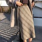 Plaid Knit Midi A-line Skirt