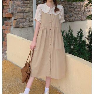 Short-sleeve Plain Collar Blouse / Plain Overall Dress