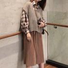 Set: Plaid Shirt + Sweater Vest + Midi Accordion Pleated A-line Skirt