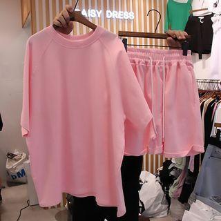 Set: Elbow-sleeve Plain T-shirt + Sweatshorts