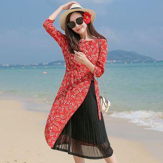 Floral Print 3/4 Sleeve Midi Pleated Panel Dress