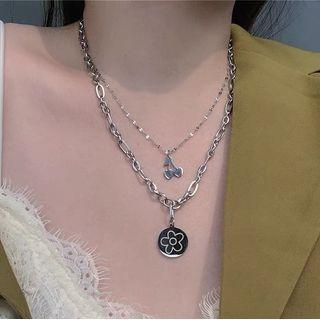 Flower Cherry Pendant Layered Stainless Steel Necklace Silver - One Size