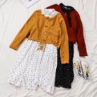 Drawstring Hem Knitted Cardigan / Dotted Print Pleated Dress