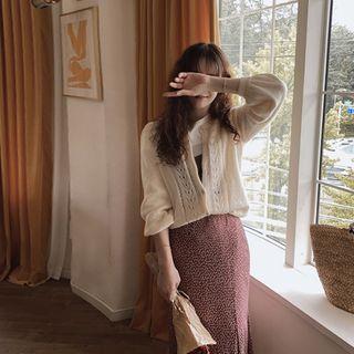 Round-neck Pointelle-knit Wool Blend Cardigan