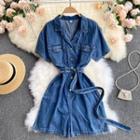 Short-sleeve Big-pocket Denim Playsuit