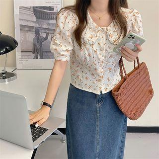 Short-sleeve Embellished Floral Print Blouse