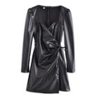 Long-sleeve Faux Leather Wrap Mini A-line Dress