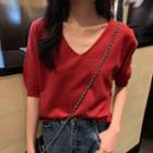 Plain Elbow-sleeve Knit Top Red - One Size