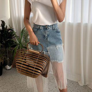 Denim Lace-hem Midi Skirt