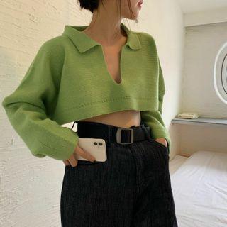 Collared Plain Cropped Knit Top