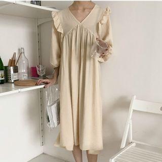 V-neck Frill Trim Elbow-sleeve Dress