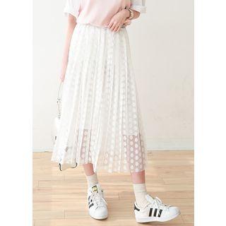 Polka-dot Pleated Mesh-overlay Long Skirt