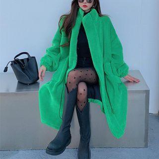 Drawstring-waist High-neck Fleece Coat