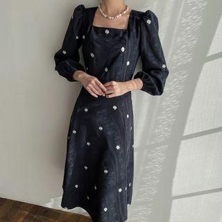 Square-neck Floral A-line Dress Dark Navy Blue - One Size