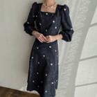 Square-neck Floral A-line Dress Dark Navy Blue - One Size