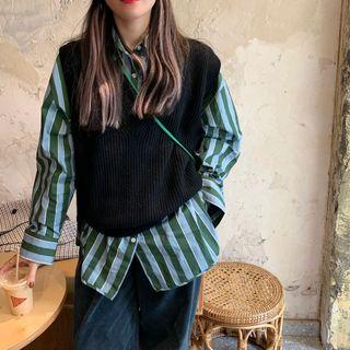 Striped Shirt / Sweater Vest / Straight Leg Jeans