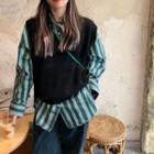 Striped Shirt / Sweater Vest / Straight Leg Jeans