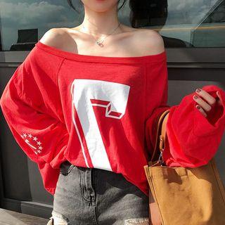 Off-shoulder Long-sleeve Number Print T-shirt