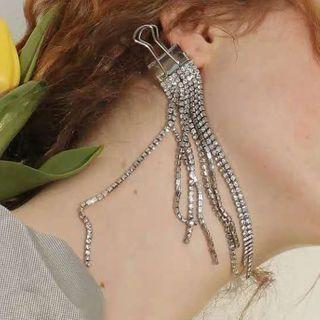 Rhinestone Fringed Earring 1 Pc - Right Ear - Silver - One Size