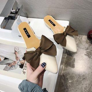 Bow-accent Faux Leather Pointed Block Heel Mules