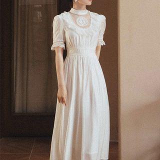 Puff-sleeve Lace Panel Ruffled Midi A-line Dress