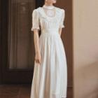 Puff-sleeve Lace Panel Ruffled Midi A-line Dress
