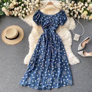 Print Puff-sleeve Ruched Dress