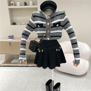 Striped Ribbed Cardigan Stripe - Black & Gray & White - One Size