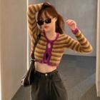 Cropped Striped Furry Cardigan As Shown In Figure - One Size
