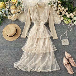 Set: Long-sleeve Top + Sleeveless Maxi Mesh Layered Dress