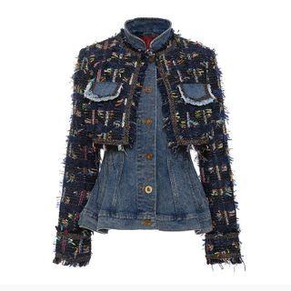 Set: Plaid Pocketed Cropped Jacket + Button Denim Vest