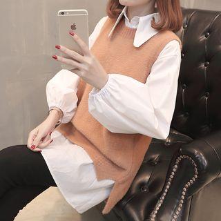 Set: Lantern Sleeve Plain Blouse + Sleeveless Knit Top