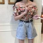 Short-sleeve Floral Print Shirred Chiffon Blouse Pink - One Size